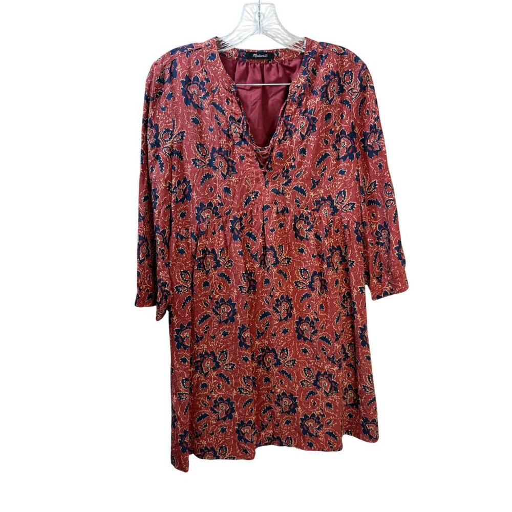 Madewell Red Floral Silk Dress With 3/4 Sleeves & V-Neckline Womens Size‎ M
